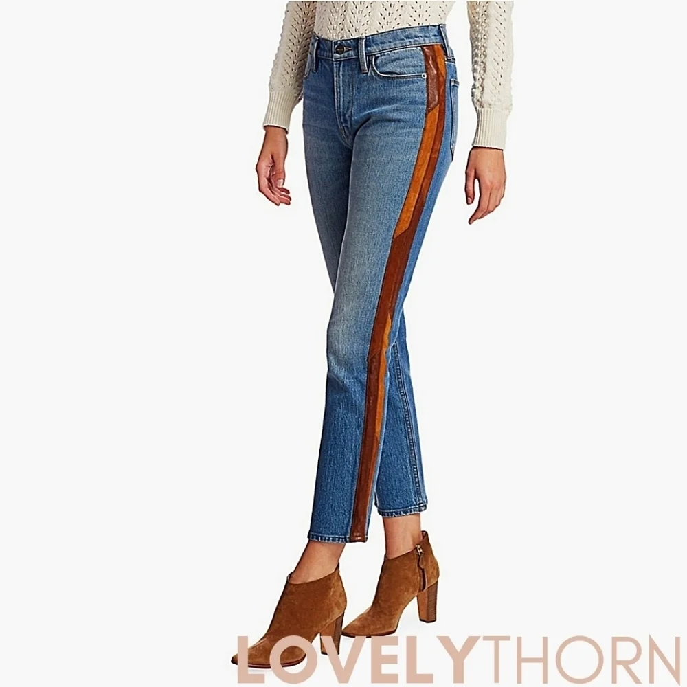 FRAME // ltd ed le high straight cropped paneled leather tuxedo stripe denim